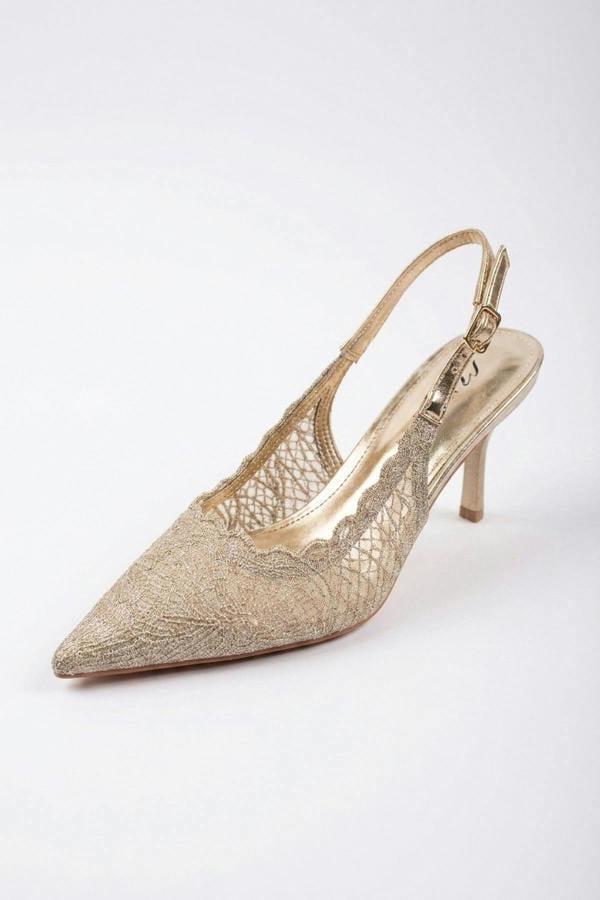 Saoirse Pointed Toe Lace Slingback Heels - Gold
