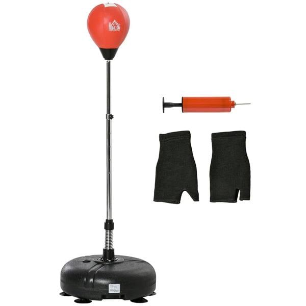 Punching bag stand with red inflatable ball, black base, and boxing gloves