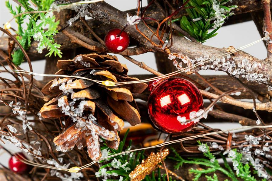5cm Battery Operated LED Twig Wood Tree with Warm White Lights, Red Baubles and Rustic Festive Details image 6