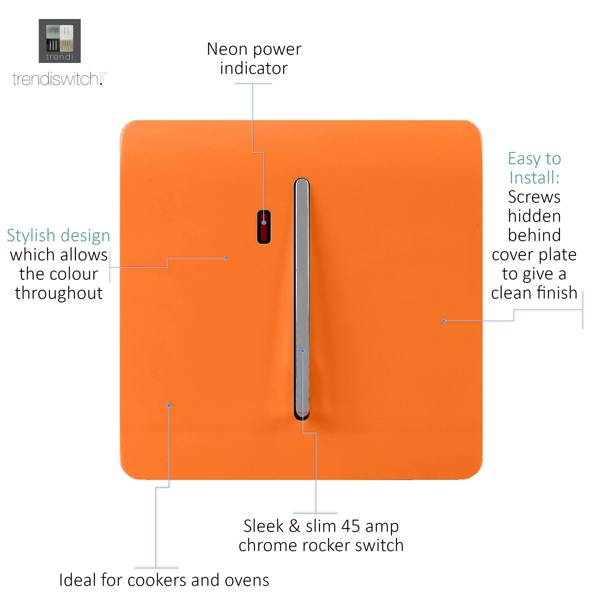 Trendi Switch 1 Gang 45 Amp Cooker Switch with Neon in Sunset Orange