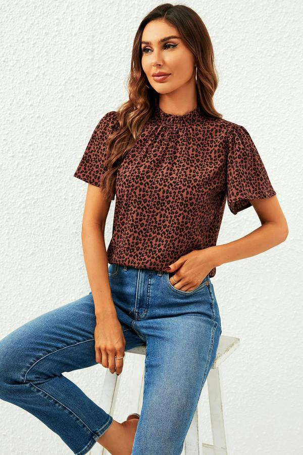 FS Collection Leopard Print Angel Sleeve High Neck Top/Blouse In Rusty
