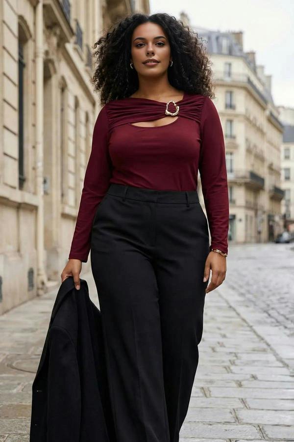 WOVCOR Body-Fitting Stretch Knit Blouse with Accessory and Cut Out Details