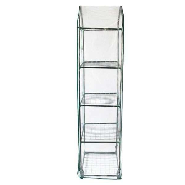 Mini greenhouse with four wire shelves, covered in a clear plastic cover, designed for indoor or outdoor plant cultivation