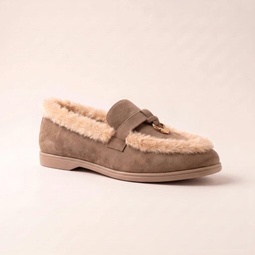 Love Lemonade Mollie Faux Suede Fur Lined Flat Penny Detail Moccasin Loafers Mocha