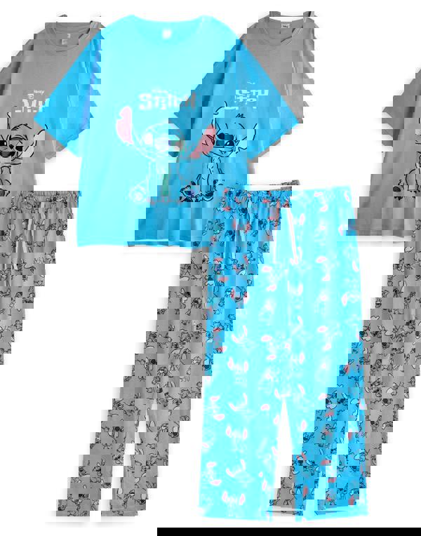 Disney Womens Blue Stitch Short Sleeve Long Leg Pyjama Set