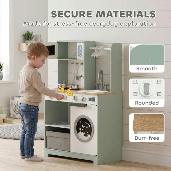 Bobobiy Kids Play Kitchen, Pretend Play Toy Kitchen Playset with Stove, Sink, Microwave, 5Pcs Accessories for 3-6 Years, Green