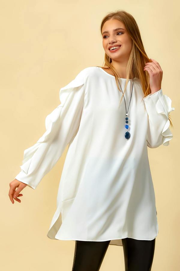 Hoxton Gal Oversized Ruffle Sleeve Relaxed Fit Tunic in White