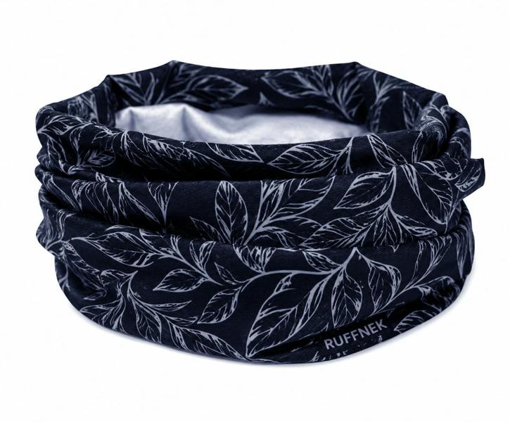 A Black RUFFNEK neck gaiter snood shown scrunched up with a leaf pattern, worn for hiking and outdoor activities.