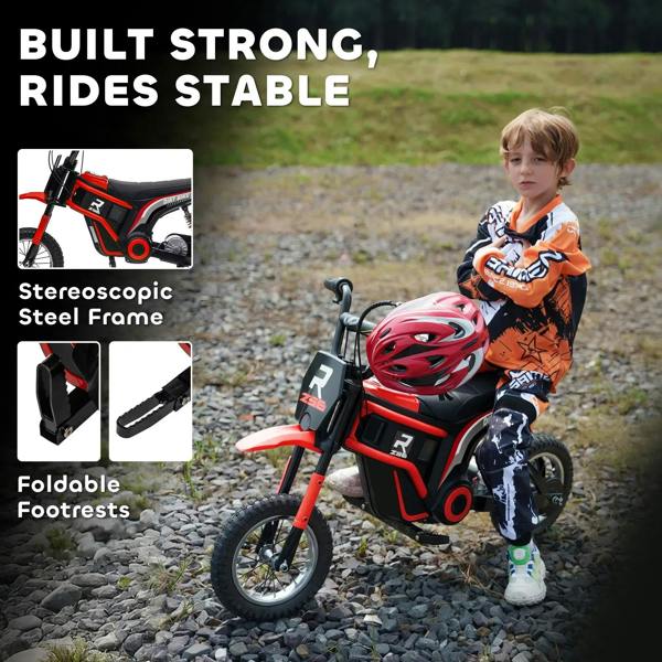 Red electric kids motorbike parked on gravel with rider and visible wheel and frame