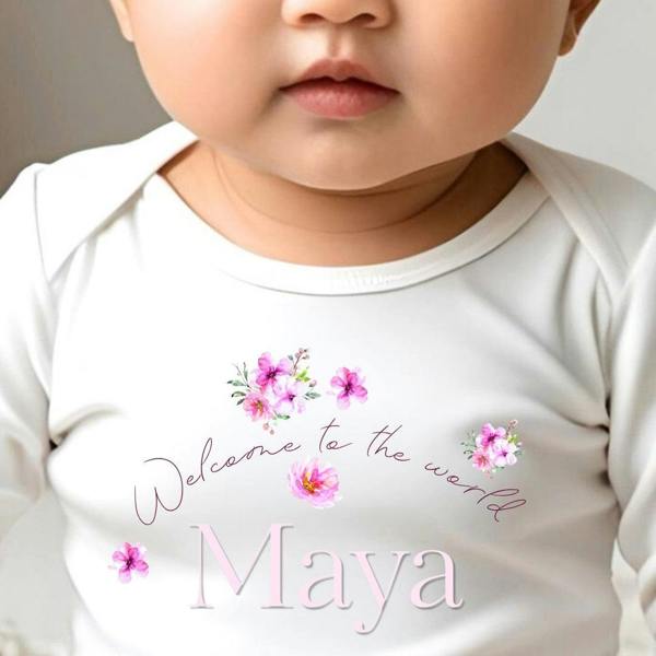 Personalised Pink Flowers Welcome to the World Baby Grow, Vest or Bib with Name