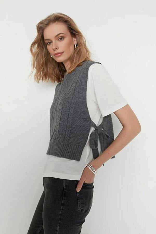 WOVCOR Crop Knit Sweater with Side Ribbon Tie Detail