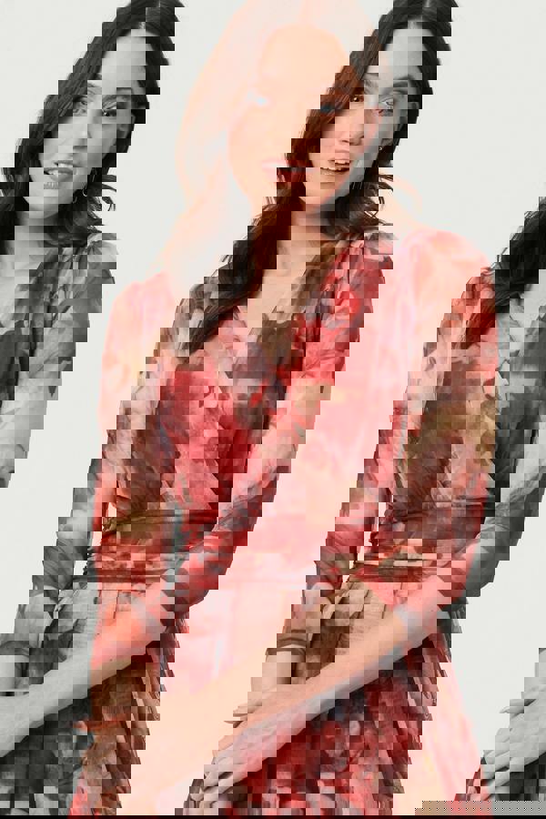 Rust | Floral 3/4 Sleeve Mesh Midi Wrap Dress