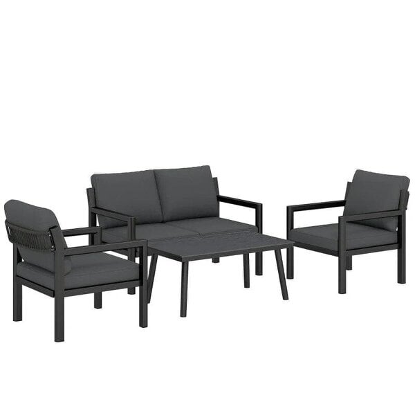 4 Seater Rattan Garden Furniture Set with 2 Armchairs, Loveseat, Coffee Table, Garden Sofa Set with Cushions, Dark Grey