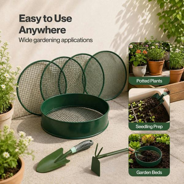 Lambu Garden Sieve Soil Sifter Set Metal 4 Mesh Inserts Shovel Hoe for Pots Green