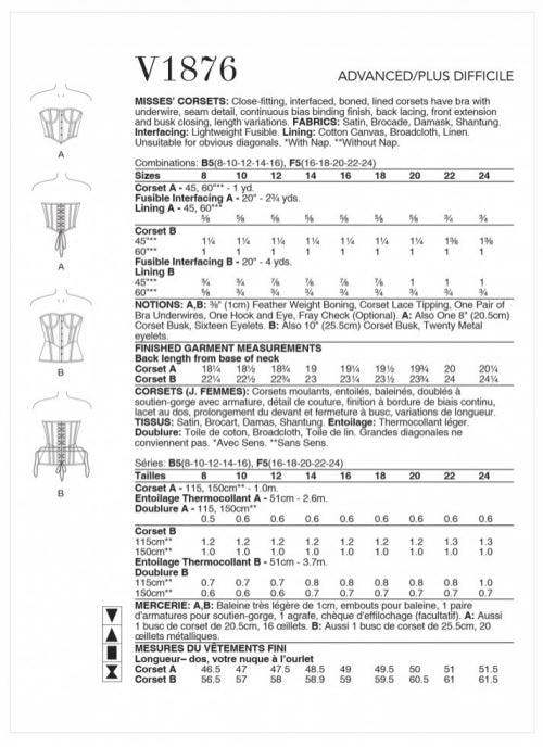 Vogue Sewing Pattern 1876, Corsets for Women, B5 (8-10-12-14-16) - Advanced
