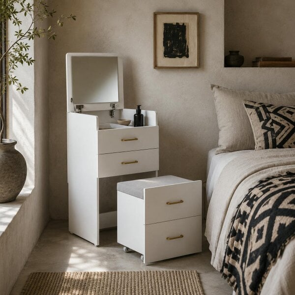 Wyld Haus Yova White Compact Dressing Table And Stool Set With Storage