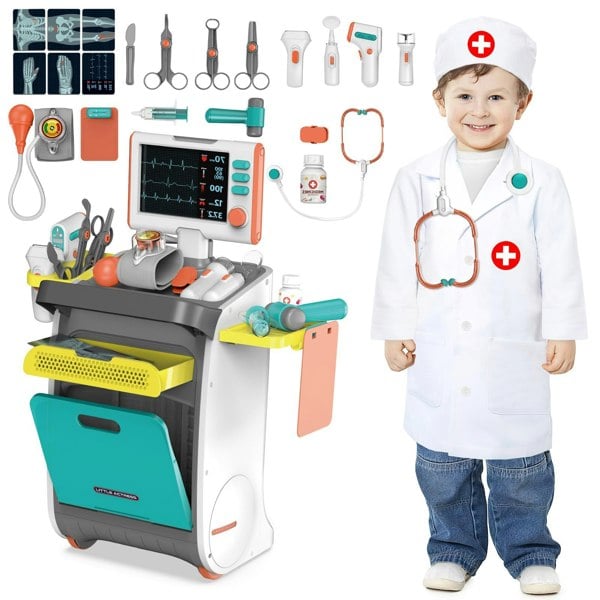 deAO Toys Doctor Kit for Toddlers, Kids Pretend Medical Station Set with Mobile Cart, Height Measuring Rod, Thermometer, Stethoscope