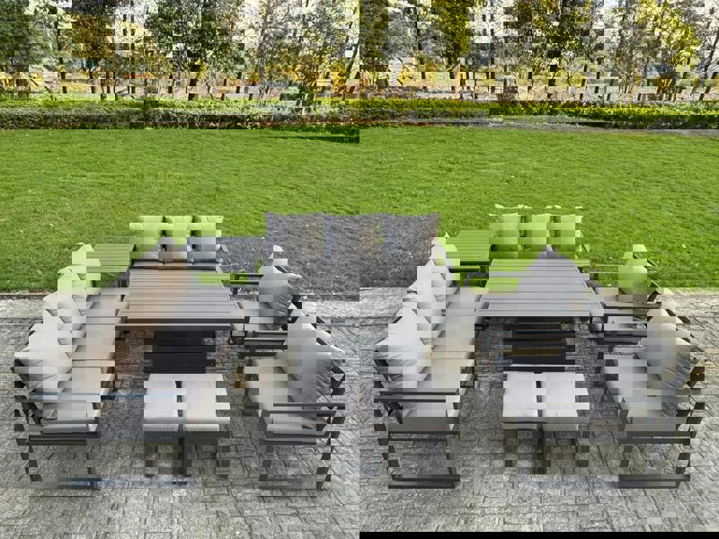 Fimous 10 Seater Aluminium Garden Furniture Set with Adjustable Rising Dining Table & Cushions Side Table - Dark Grey