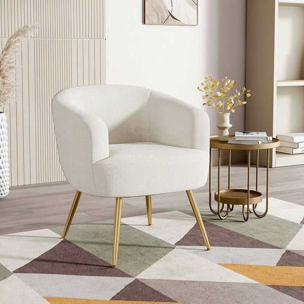 Boucle Teddy Fabric Armchair with Metal Legs White Tub Chairs Living and Home