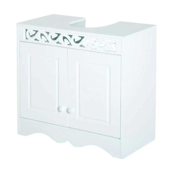White 2-door bathroom under-sink storage cabinet with decorative trim panel