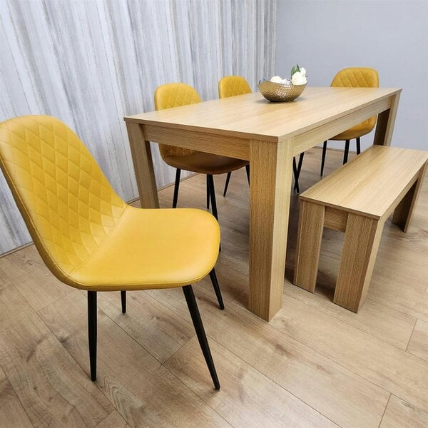 KOSY KOALA 6 Seater Modern Light Wood Dining Table Set with 4 Mustard Gem Pattern Chairs and Bench  H75 x L140 x W80 cm