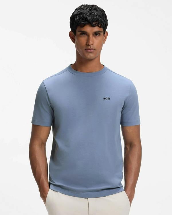 BOSS Green Tee Mens Stretch Cotton T - Shirt with Contrast Logo - Open Blue 491 | CHO | Designer Mens Logo T - Shirts