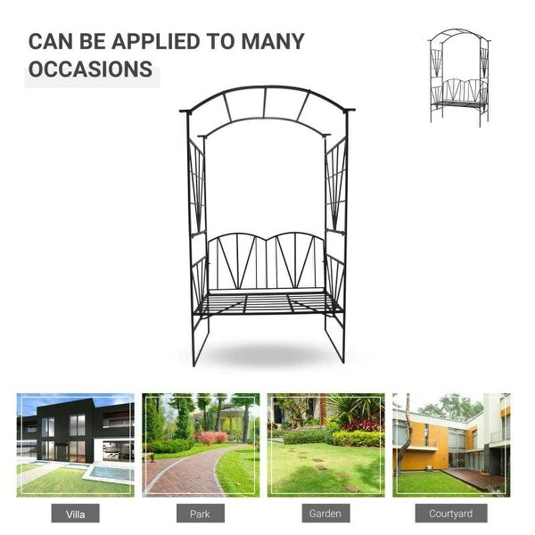 Garden Bench, 2 Seater Outdoor Patio Bench, Metal Garden Loveseat with Arch for Vines and Climbing Plants, Black