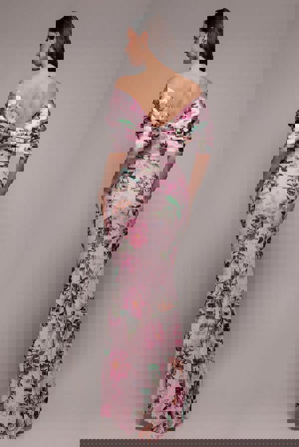 Off Shoulder Floral Bow Back Maxi Dress - Blush Pink DR4991