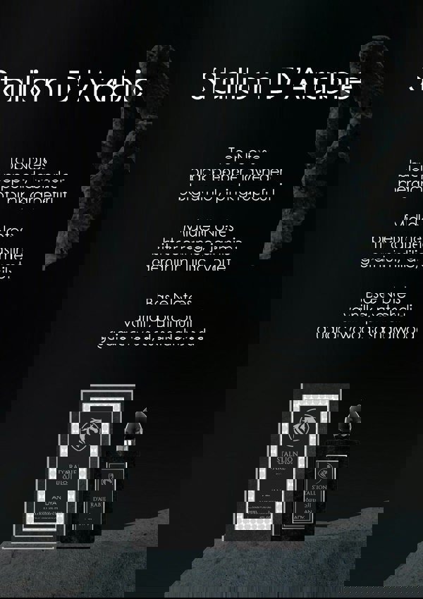 Stallion D'Arabie perfume with product and packaging details on a dark background