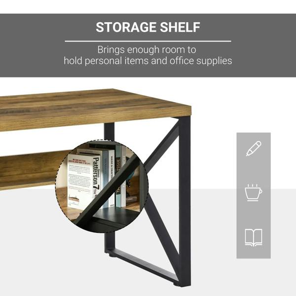 Brown wood-effect desk with integrated storage shelf for office supplies