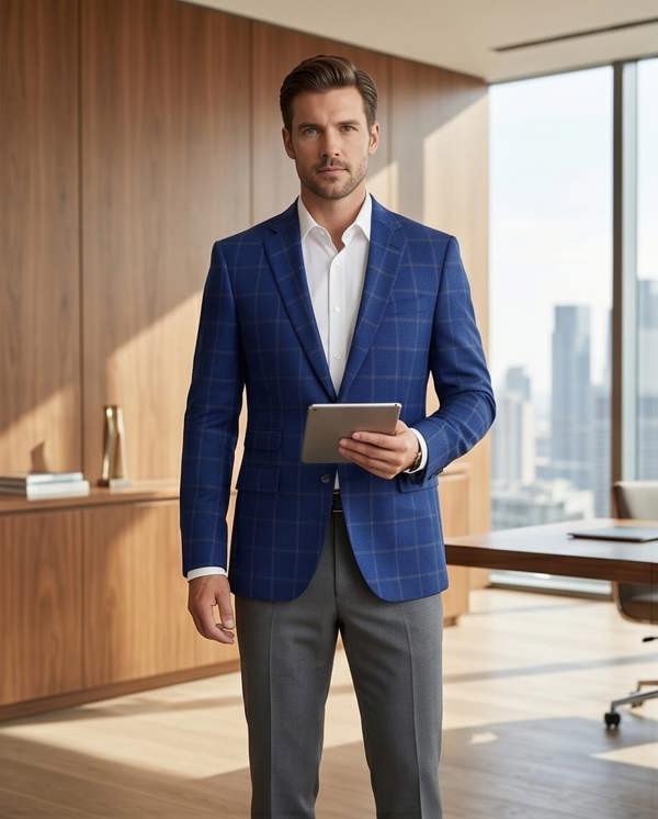 Pamoni Royal Blue Windowpane Check Blazer