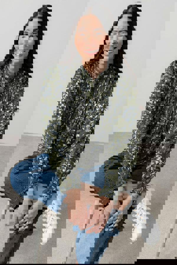 Flora Cotton Pincord Ditsy Print Blouse Moss | Lily and Me Clothing