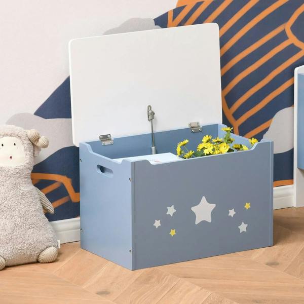 Kids wooden toy box storage chest, blue with hinged lid open and side cutout handles