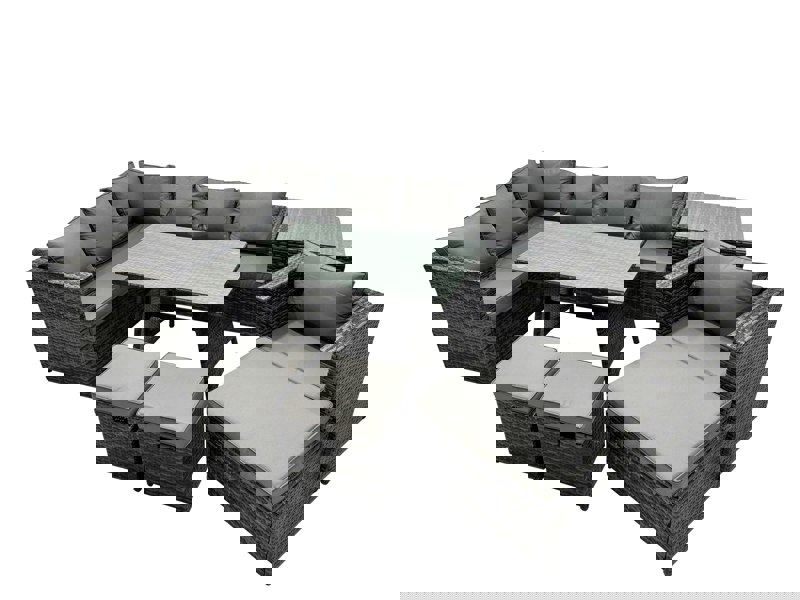 Fimous 10 seater Outdoor PE Rattan Sofa Set with Dining Table Patio Garden Furniture Sets with Chair 3 Stools Side Table Dark Grey Mixed