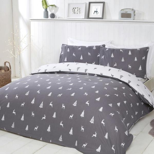 Smart Living Stag & Trees Flannelette Cotton Reversible Duvet Set - Grey