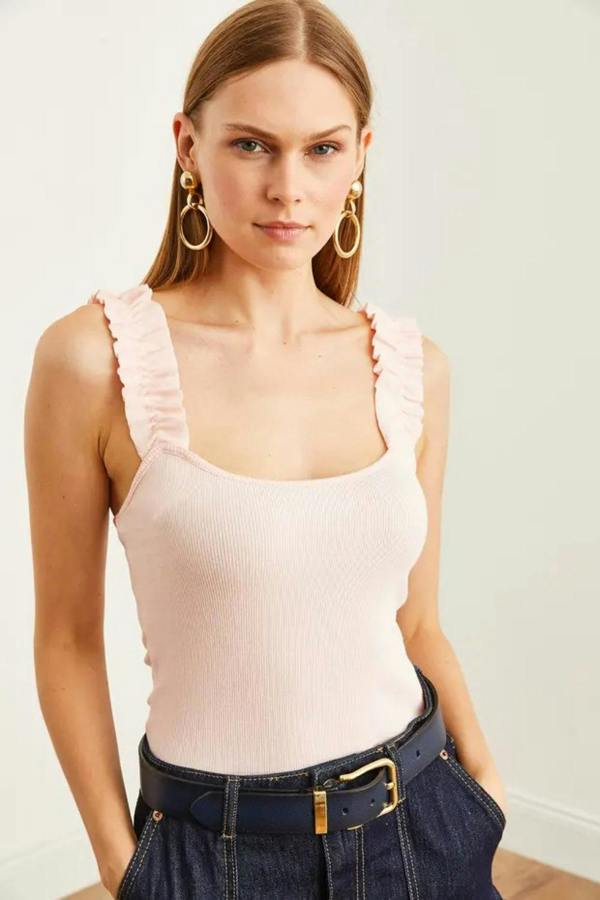 Hoxton Gal Ruffled Strap Stretch Ribbed Blouse