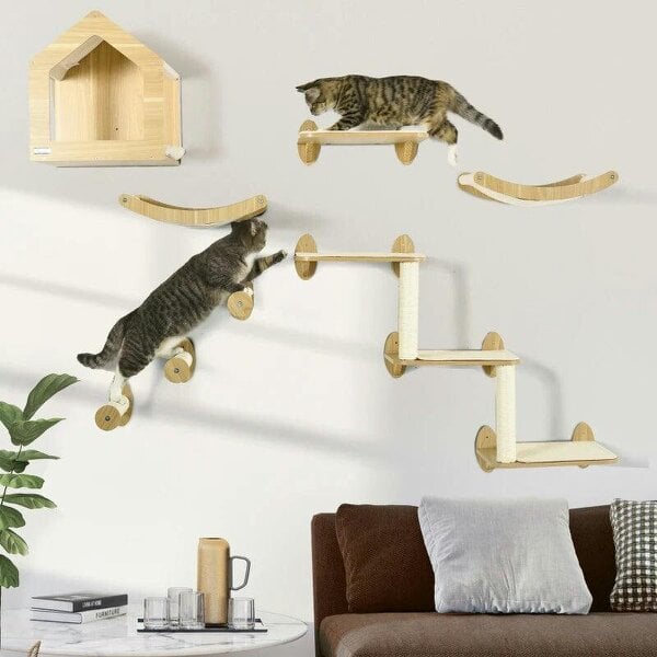 8 Piece Cat Shelves Set, with Cat House, Three Perches, Three Scratching Posts - Beige