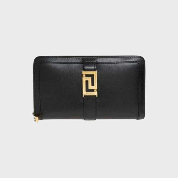 Supplied Fashion black Versace wallet with gold logo hardware and secure zip closure