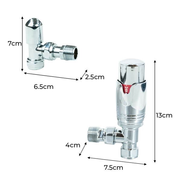Chrome thermostatic radiator valves with sleek design, measuring 13cm and 7.5cm, featuring polished surfaces and precise dimensions