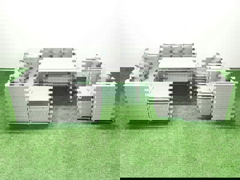 Fimous Rattan Garden Furniture Set Outdoor 8 Seater Patio Dinin g Sofa Sets with Dining Table 2 Chairs Side Table 3 Footstools Light Grey Mixed