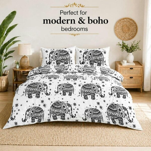 Night Zone Elephant Print Polycotton Duvet Cover Set – Safari Wildlife Bedding with Pillowcases