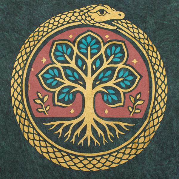 Close-up of Tree of Life graphic on green cotton T-shirt