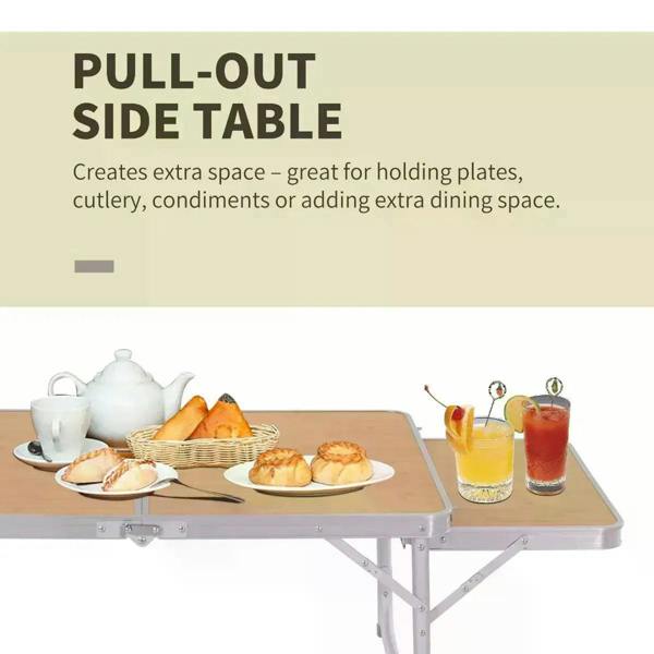 Portable folding picnic table with pull-out side table and bamboo-look tabletop