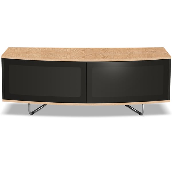 Centurion Supports Caru Gloss Black and Oak Beam-Thru Remote Friendly Super-Contemporary "D" Shape Design 32"-65" LED/OLED/LCD TV Cabinet