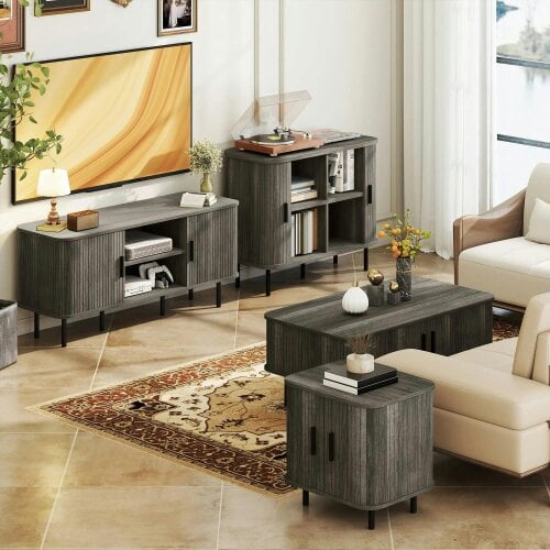 Bobobiy Coffee Table with Storage, Rectangular Coffee Table with Elevated Base, Grey Wood-Effect