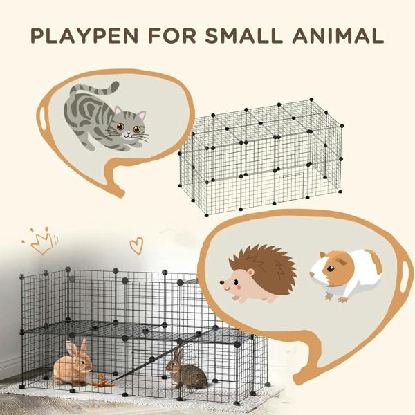 Black metal wire playpen enclosure with small animal play area