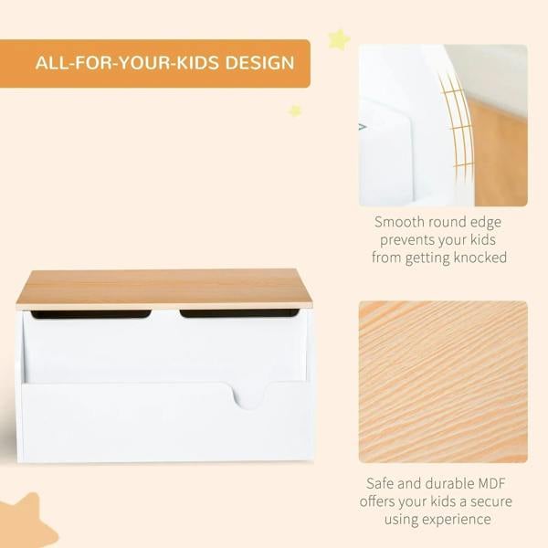 White kids storage chest with light wood lid panel and smooth rounded edges