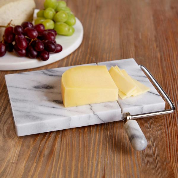 Interiors by Premier White Marble Cheese Board with Slicer, Natural Marble Serving Board with Built-In Stainless Wire Cutter