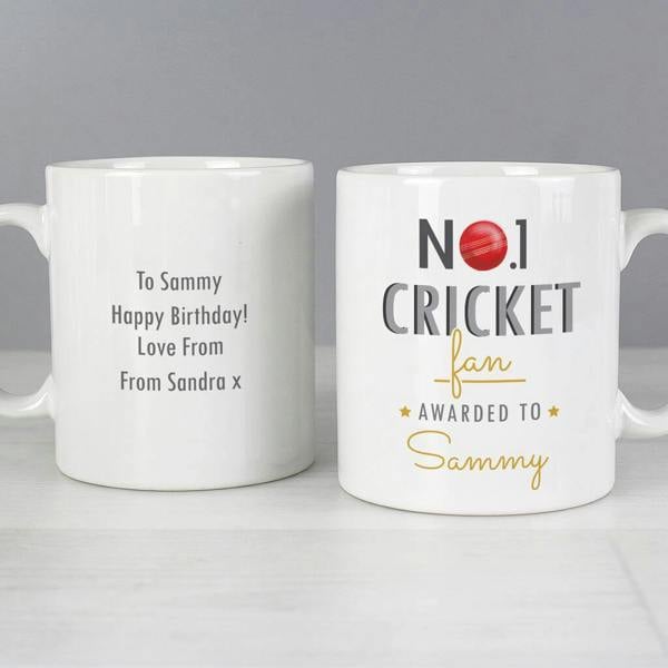 Personalised white ceramic cricket mug showing No.1 Cricket Fan Awarded To Sammy on front and custom birthday message on back