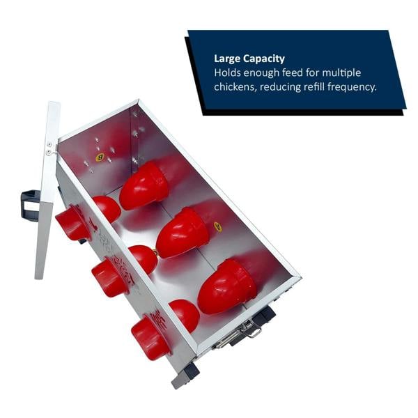 Close up shot of the red feeders inside the chicken feeder with text explaining large capacity on a white background